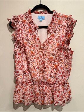 💜CeCe Pink & Orange Floral Ruffle Peplum Top Spring Cruise Ready Picnic Date
